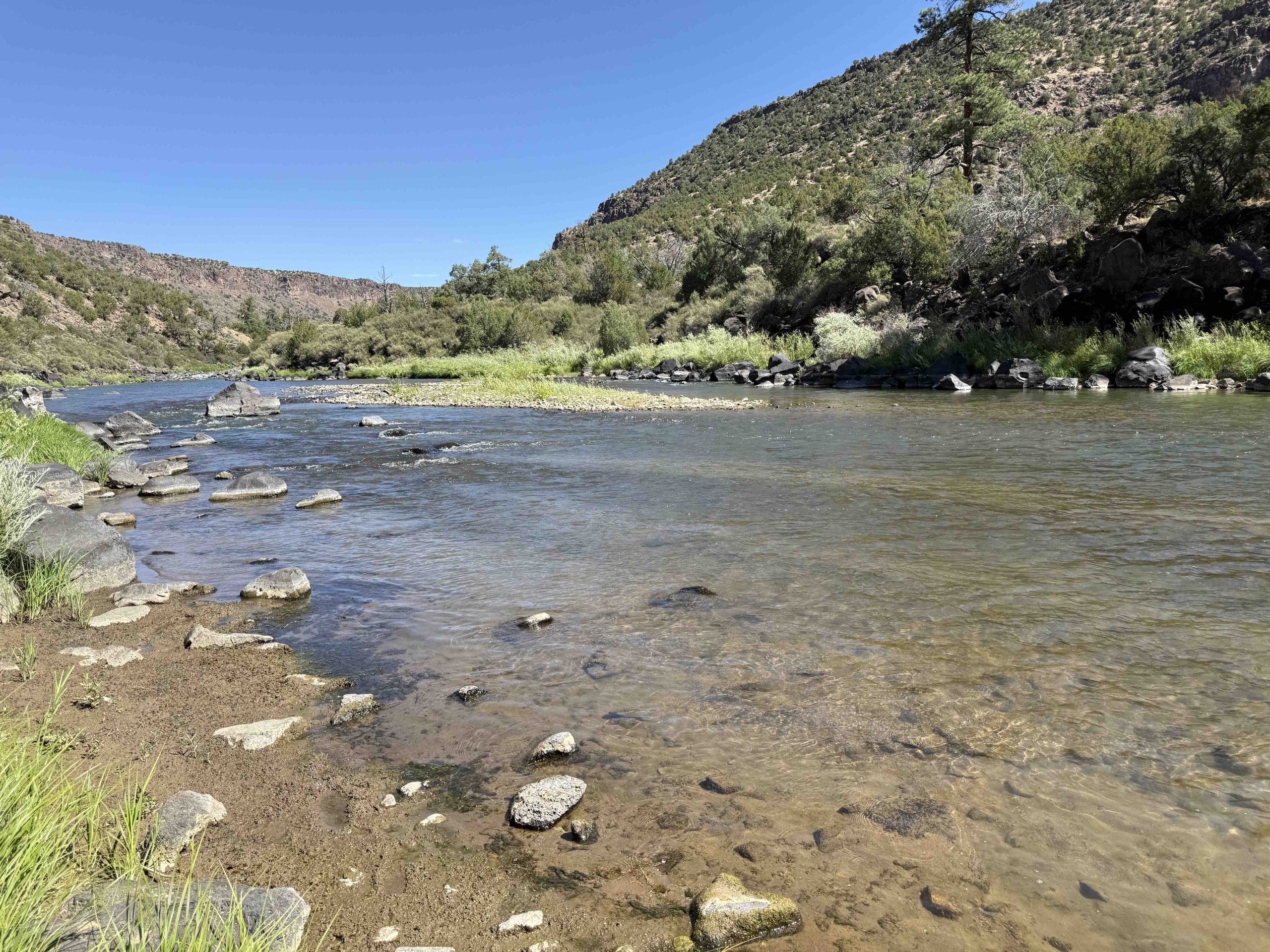 A northern New Mexico river with a gravel shoal and stepping stones, showing riffles, runs, and pools