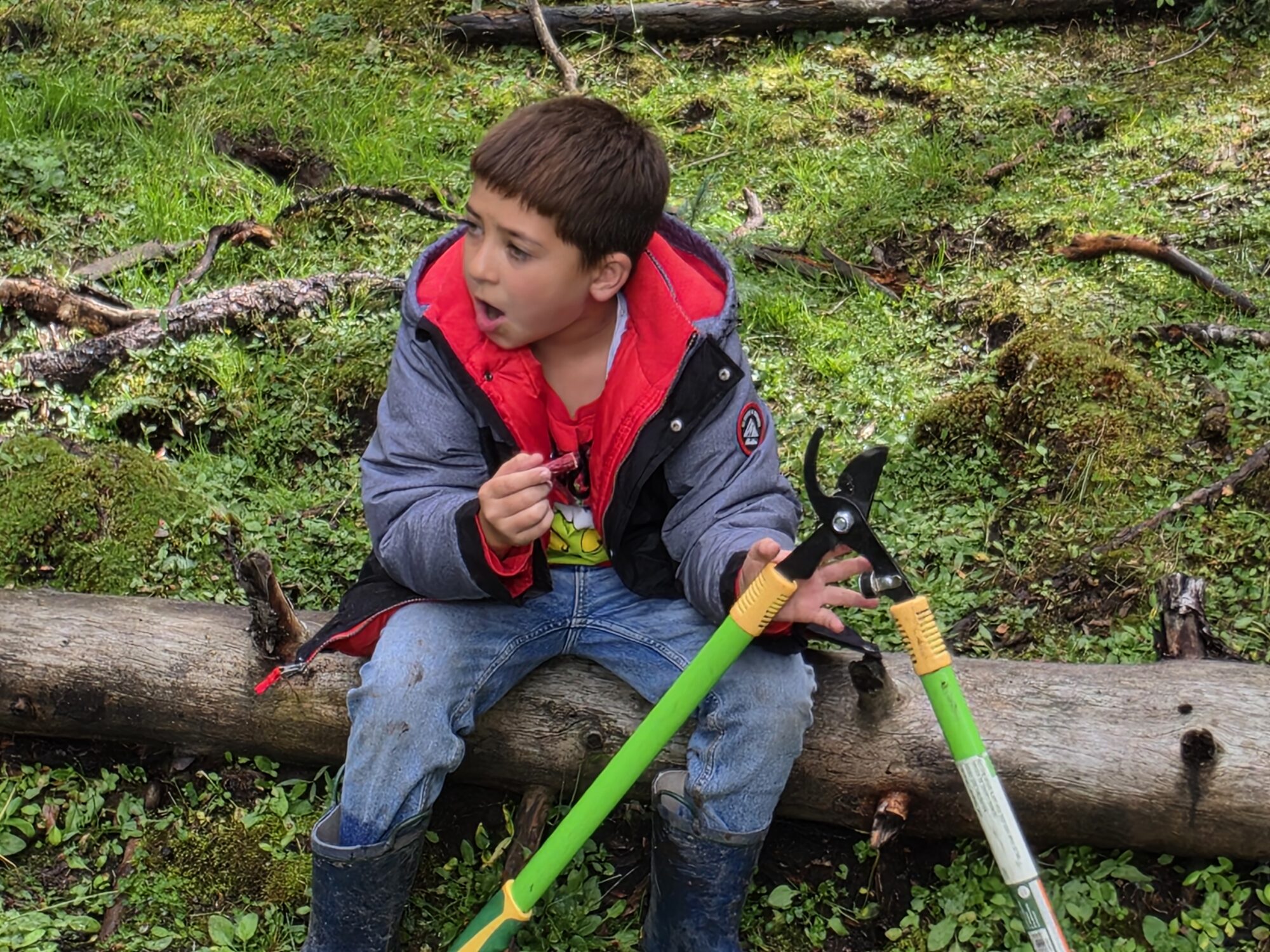 Boy in a rain jacket sitting on a log holding a pair of green loppers.