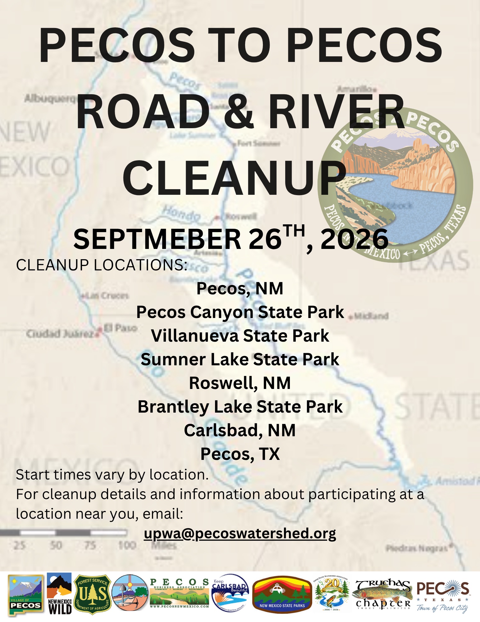 Pecos to Pecos Road & River Cleanup flyer, September 26, 2026, listing cleanup locations from Pecos, NM, to Pecos, TX, with contact upwa@pecoswatershed.org