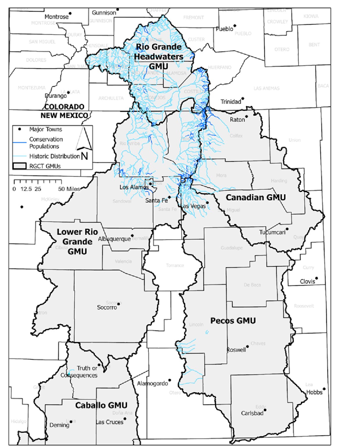 Map of the five Rio Grande Cutthroat Trout Geographic Management Units across New Mexico and southern Colorado.