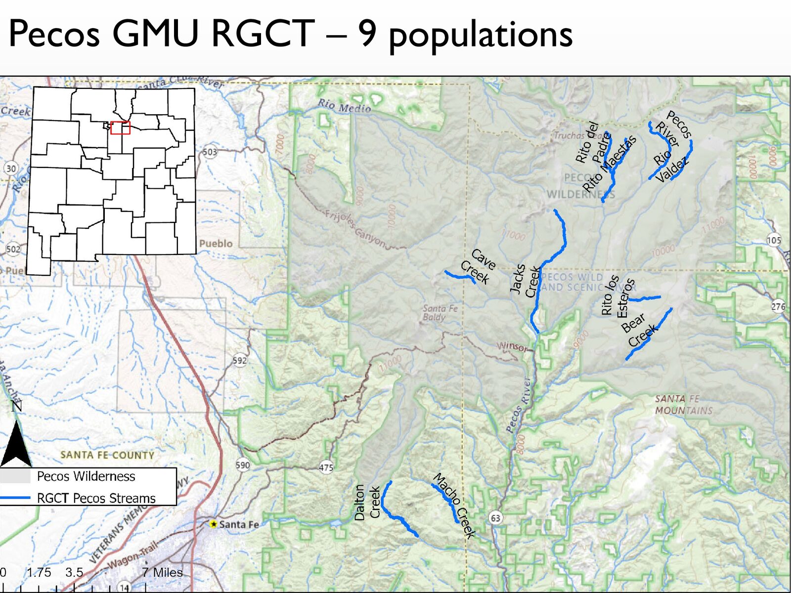 Map of Rio Grande Cutthroat Trout streams in the Pecos Geographic Management Unit.
